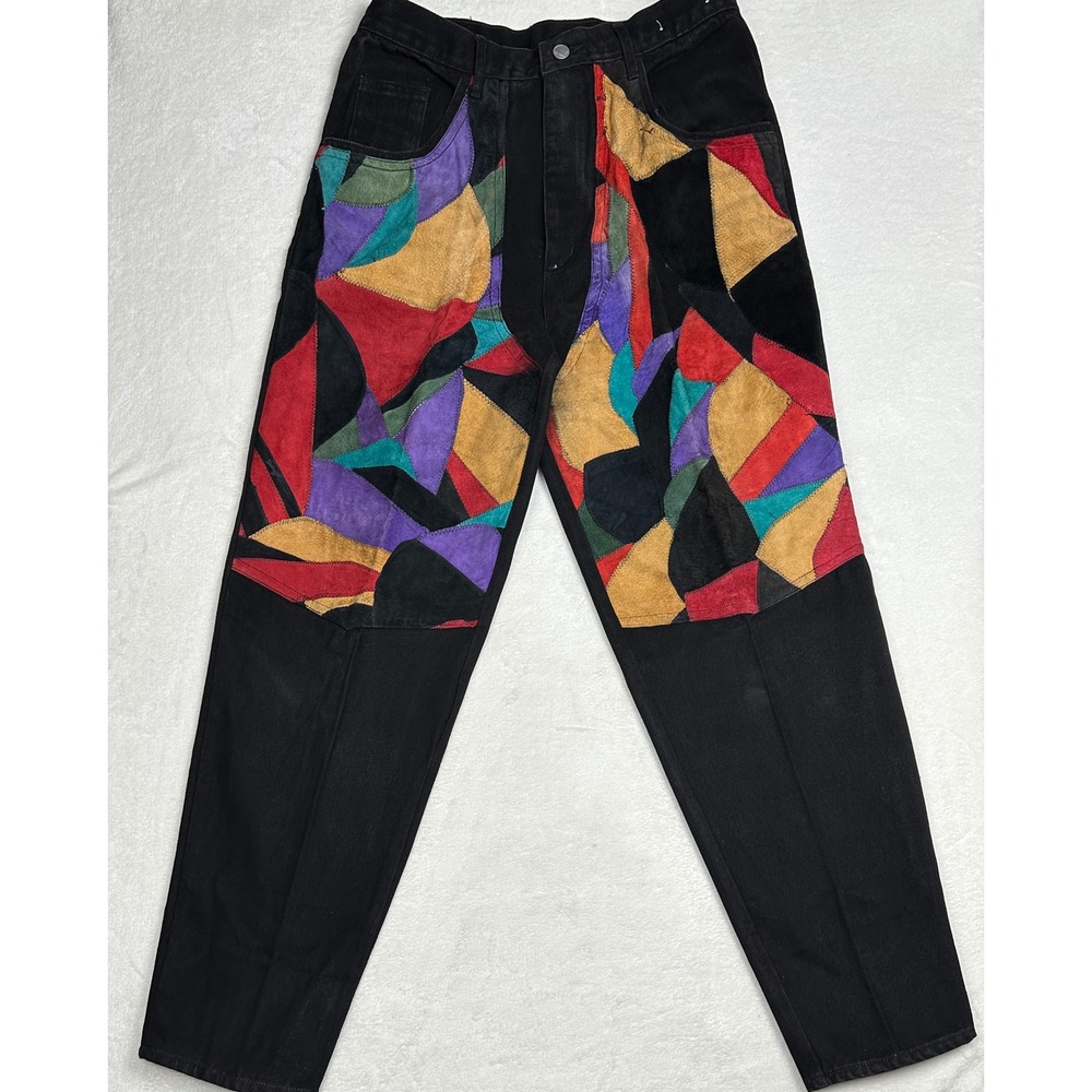 VTG‎ MACHINE Black Denim Jeans Men's Size 32 32 Patchwork Suede Leather Accents